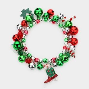 Multicolored Christmas Ornaments Beaded Charm Bracelet Holiday Statement Jewelry